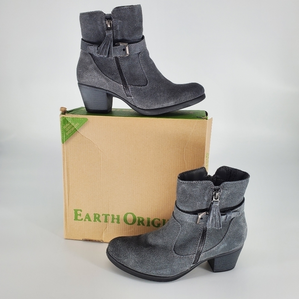 Earth Origins Tori Grey Suede Water Repellent Heel Ankle Boots, Size 7.5